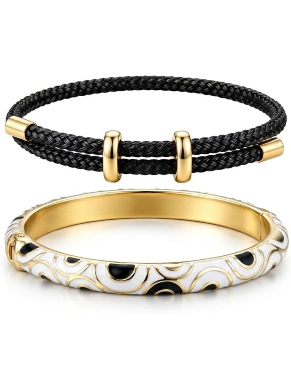 Gold Plated Red Enamel Crystal Bangle & Cord Bracelet Set - Lucky Women's